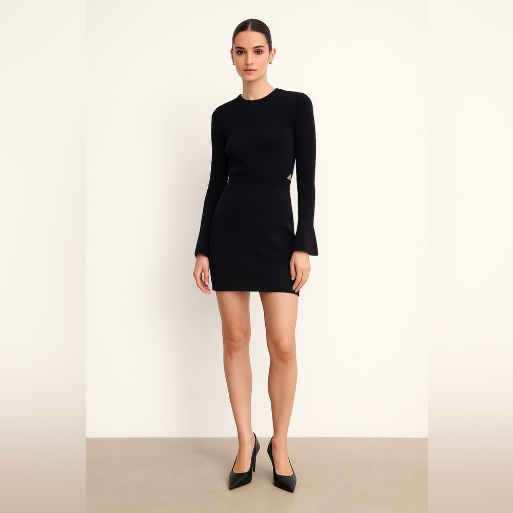 ZARA Ribbed Knit Bell Sleeve Dress In Black – Size Small – Gently Worn
